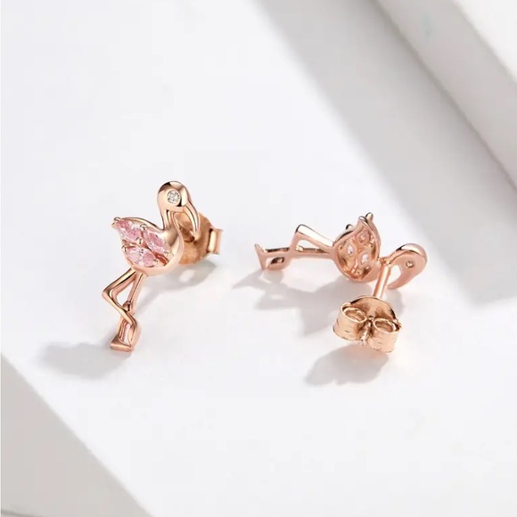 Sterling Silver Flamingo Zirconia Stud Earrings - Picture 2 of 4